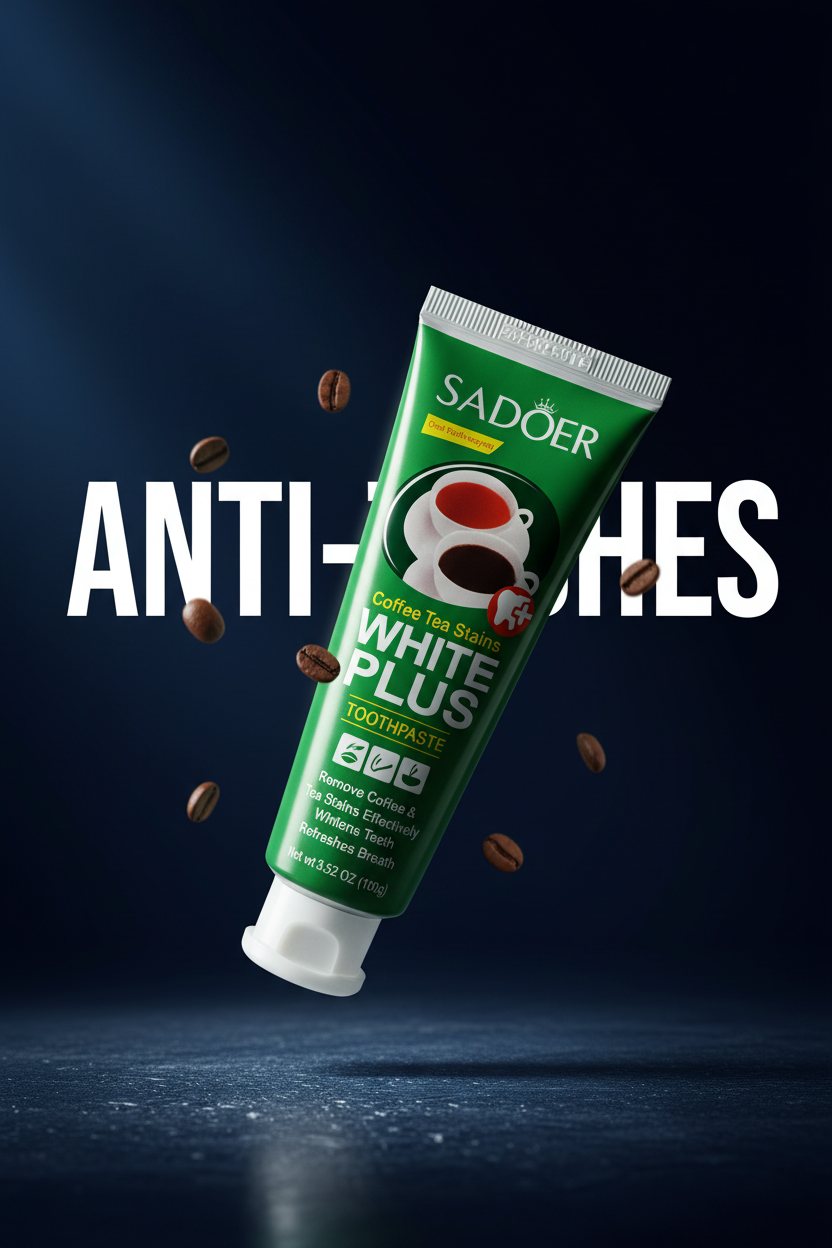 Dentifrice Anti-Taches Café ÉclatDent sur fond bleu nuit avec le mot ANTI-TACHES