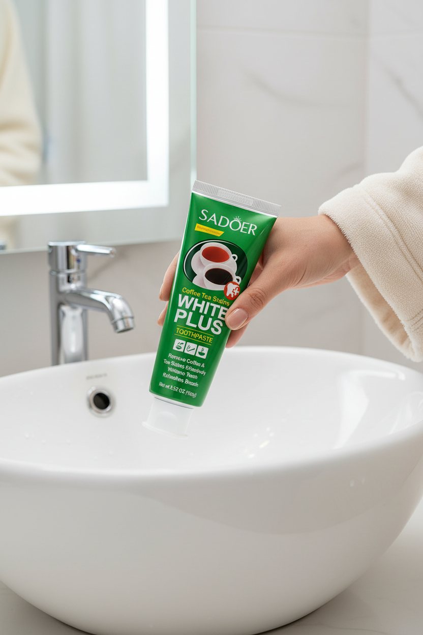 Main tenant le dentifrice Anti-Taches Café ÉclatDent au-dessus d'un lavabo de salle de bain