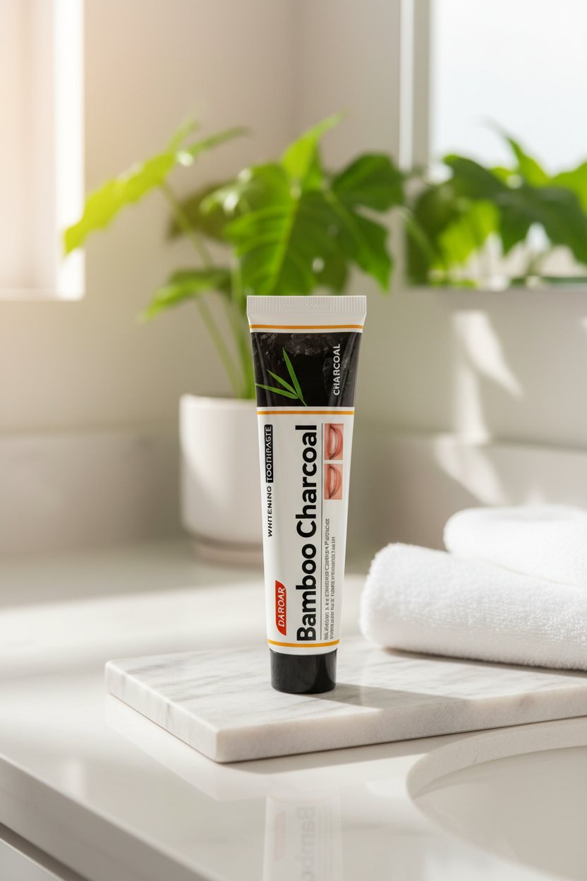 Dentifrice Charbon Actif Blancheur ÉclatDent sur un plateau de marbre avec serviette blanche et plante verte