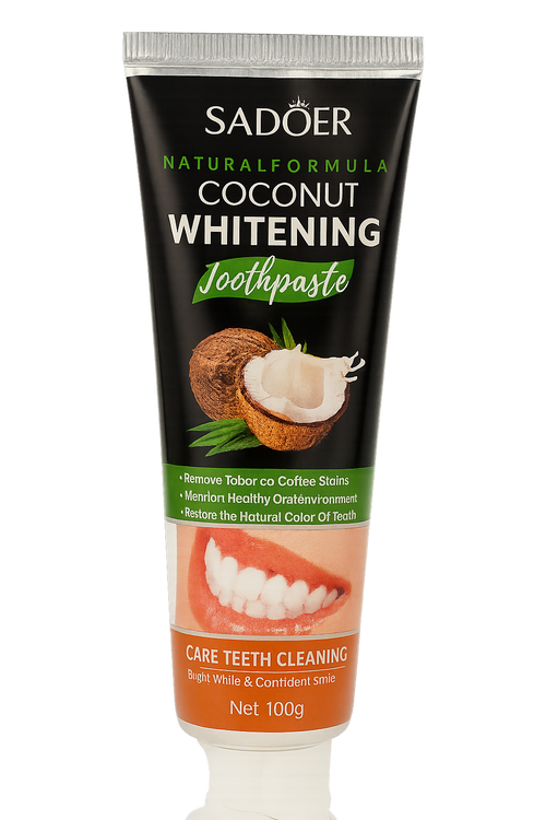 Dentifrice Blancheur Douceur Coco ÉclatDent, tube noir Coconut Whitening vu de face sur fond transparent