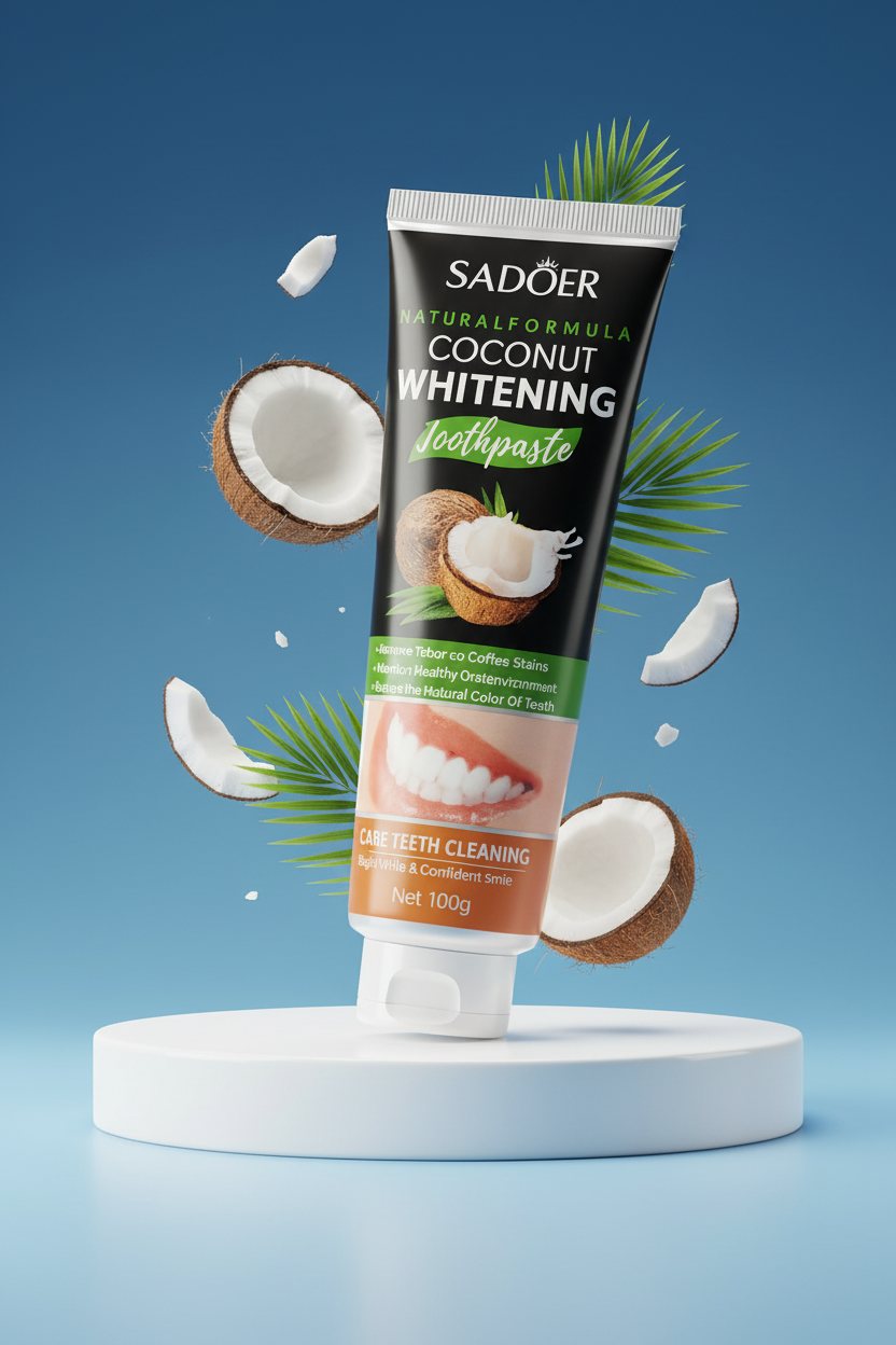Dentifrice Blancheur Douceur Coco ÉclatDent incliné sur un socle, fond studio bleu dégradé