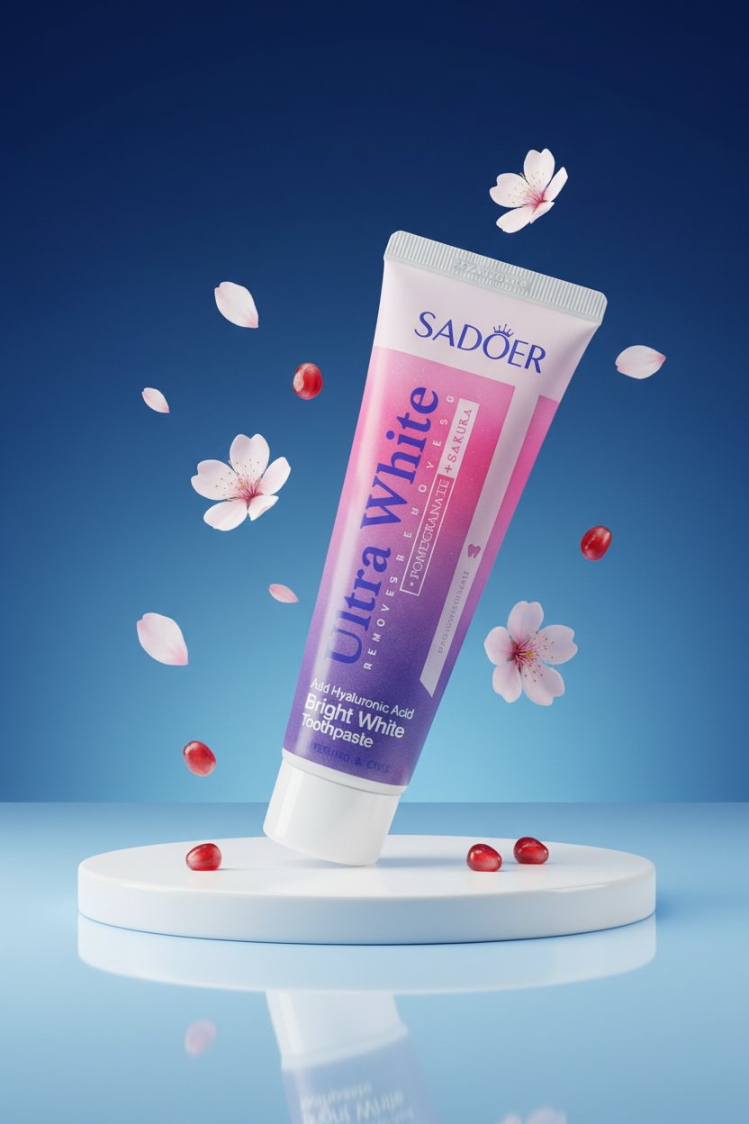 Dentifrice Grenade & Sakura ÉclatDent incliné sur un socle, fond studio bleu dégradé