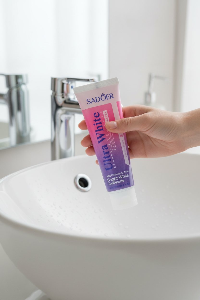Main tenant le dentifrice Grenade & Sakura ÉclatDent au-dessus d'un lavabo de salle de bain