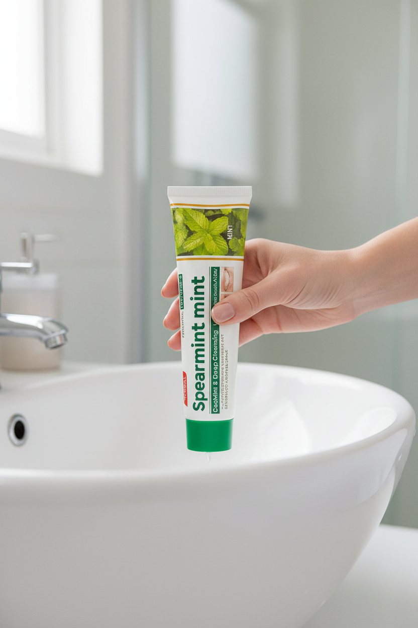Main tenant le dentifrice Classique Menthe ÉclatDent au-dessus d'un lavabo de salle de bain