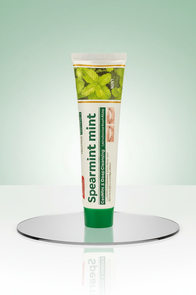 Dentifrice Classique Menthe ÉclatDent sur un socle réfléchissant, fond studio vert dégradé