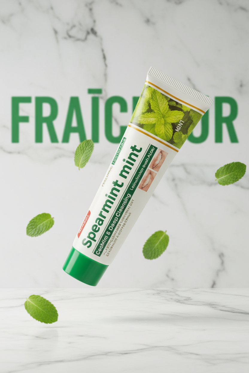 Dentifrice Classique Menthe ÉclatDent incliné sur fond marbre avec le mot FRAÎCHEUR