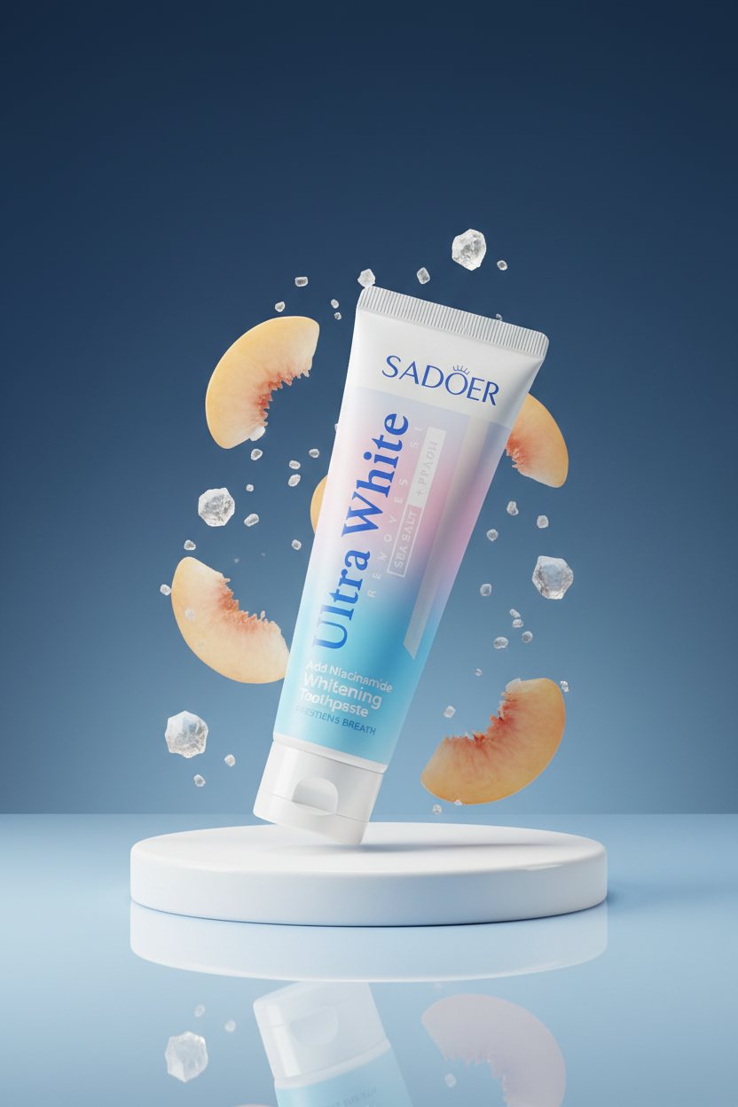 Dentifrice Pêche & Sel Marin ÉclatDent incliné sur un socle, fond studio bleu dégradé