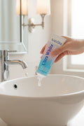 Main tenant le dentifrice Pêche & Sel Marin ÉclatDent au-dessus d'un lavabo de salle de bain