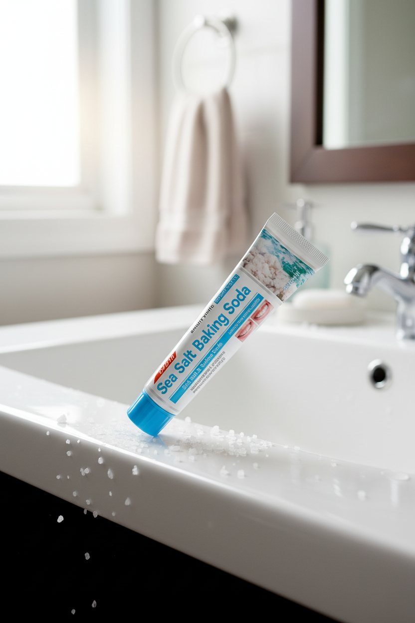 Dentifrice Sel Marin & Bicarbonate ÉclatDent posé au bord d'un lavabo de salle de bain
