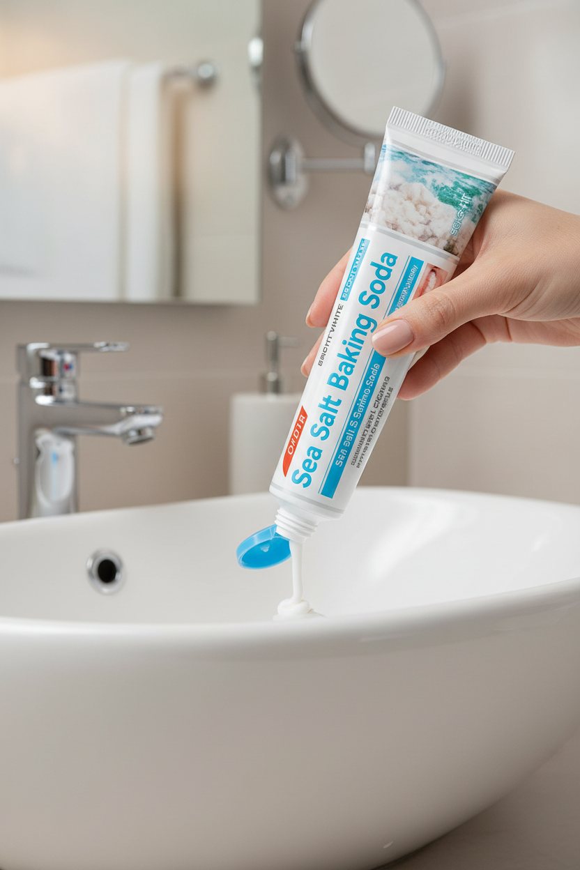Main pressant le dentifrice Sel Marin & Bicarbonate ÉclatDent au-dessus d'un lavabo blanc