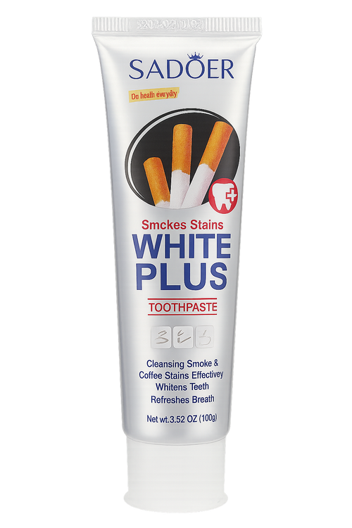 Dentifrice Anti-Taches Tabac ÉclatDent, tube blanc et bleu vu de face sur fond transparent