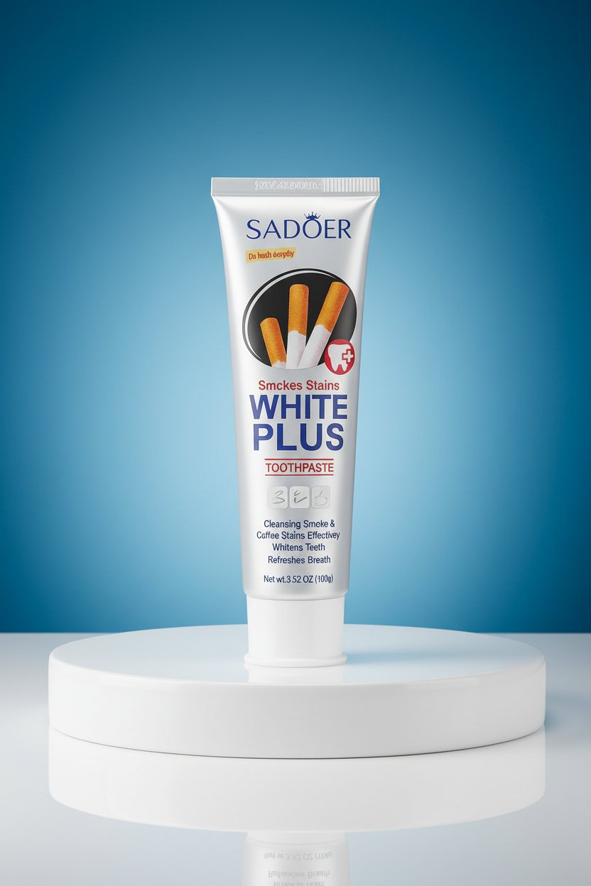 Dentifrice Anti-Taches Tabac ÉclatDent sur un socle rond, fond studio bleu dégradé