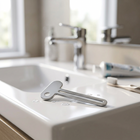 Pressoir à tube de dentifrice en inox — au bord d'un lavabo blanc, lumière du matin
