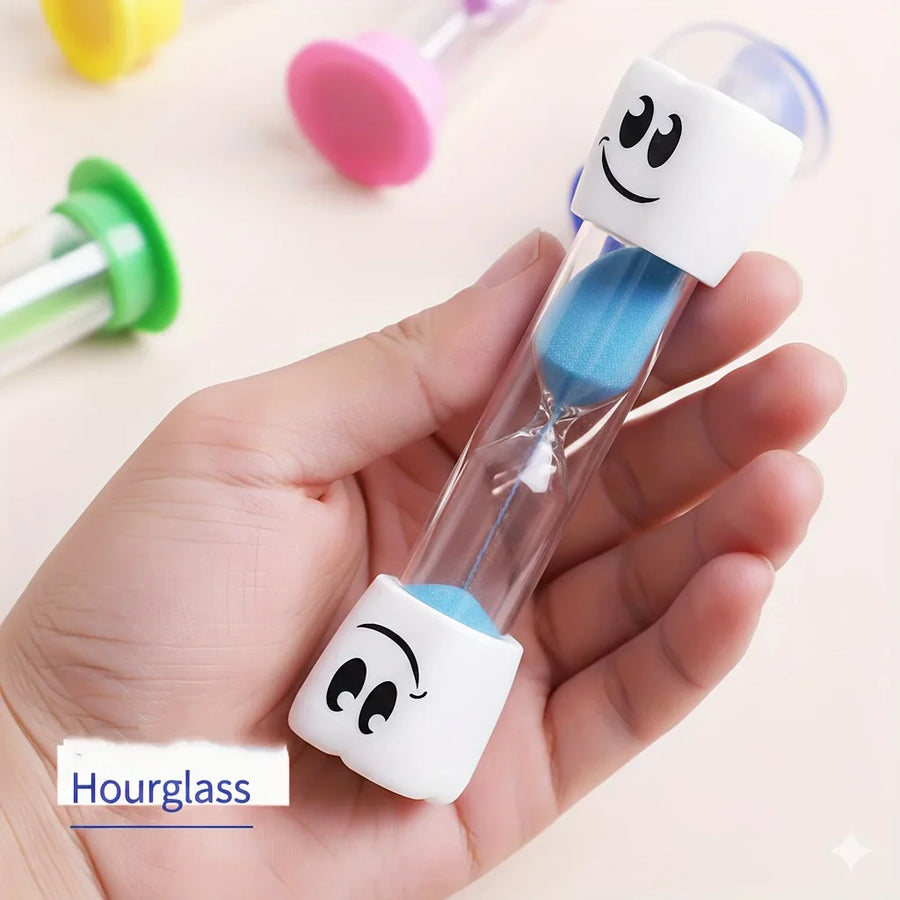 Clessidra per lo spazzolamento con sabbia blu e un dente sorridente a ogni estremità