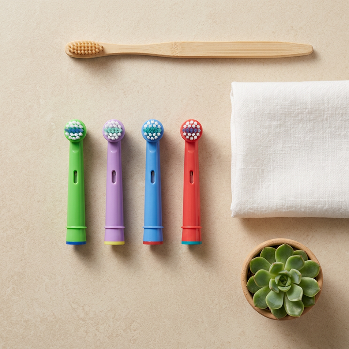 Kinder-Aufsteckbürsten kompatibel mit Oral-B — Draufsicht auf cremefarbenem Hintergrund, minimalistisch