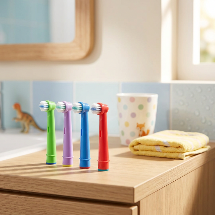 Kinder-Aufsteckbürsten kompatibel mit Oral-B — in einem Kinderbad in Pastellfarben