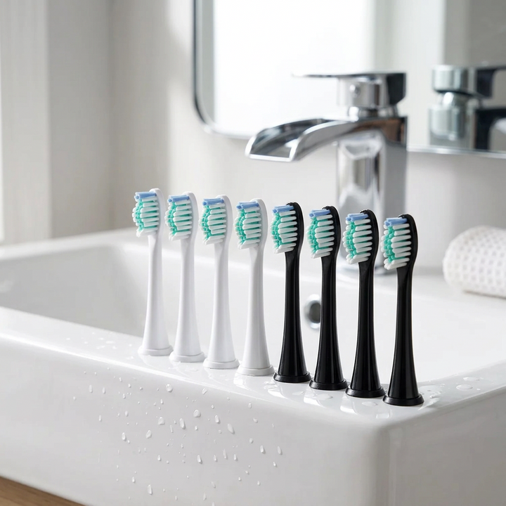 Testine compatibili Sonicare tipo DiamondClean — sul bordo di un lavabo bianco, luce del mattino