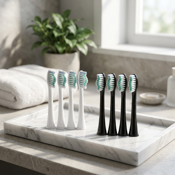 Testine compatibili Sonicare tipo DiamondClean — su un vassoio di marmo bianco in un bagno luminoso