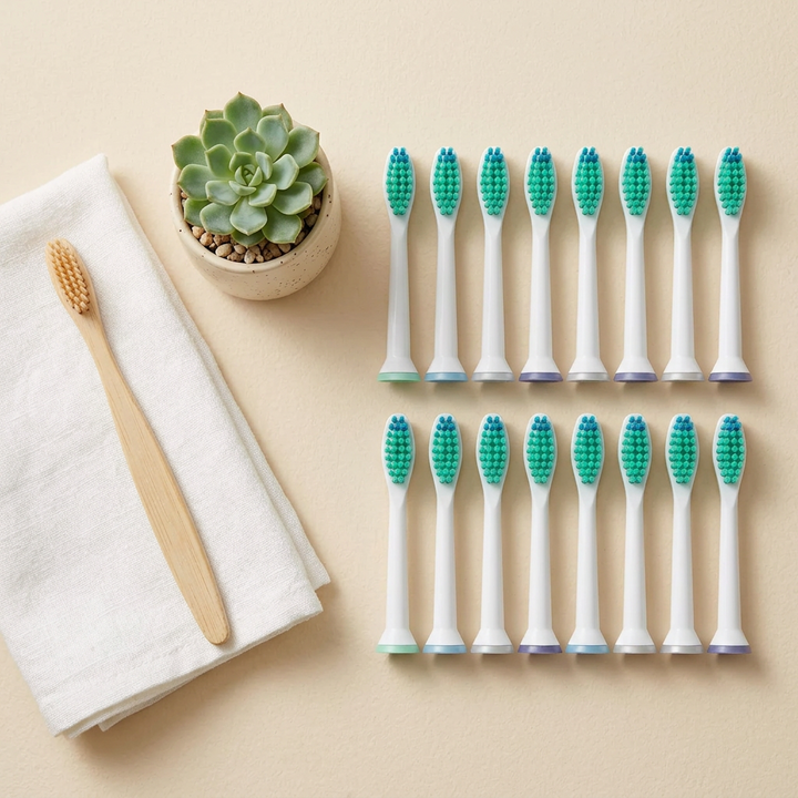 Testine compatibili Sonicare, scorta famiglia — vista dall'alto su fondo crema, composizione minimalista