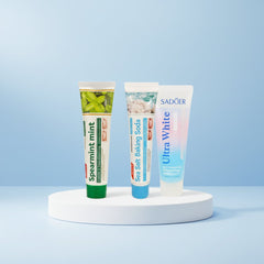 Fresh Breath Trio ÉclatDent: on a round pedestal, blue gradient studio background