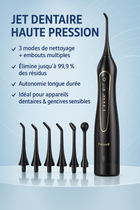 Infographie du jet dentaire haute pression 5020E ÉclatDent : 3 modes, embouts multiples et longue autonomie