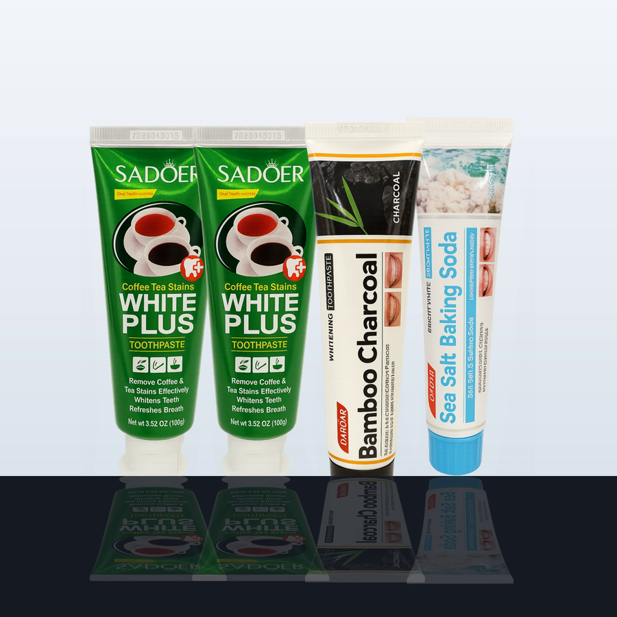 Pack Café-Addict ÉclatDent : quatre tubes de dentifrice SADOER dont deux anti-taches café