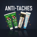 Pack Caffè-Dipendente — 4 dentifrici ÉclatDent: i quattro tubetti sospesi davanti alla parola ANTI-TACHES su sfondo blu notte
