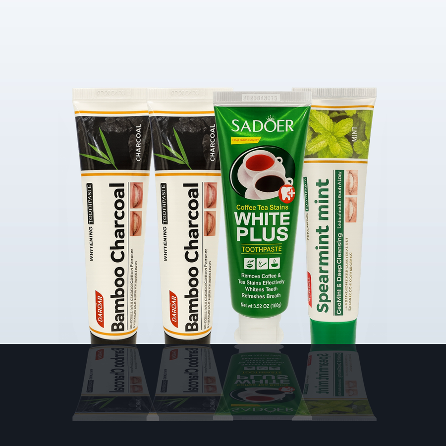 Pack Éclat Charbon ÉclatDent : quatre tubes de dentifrice SADOER dont deux au charbon actif