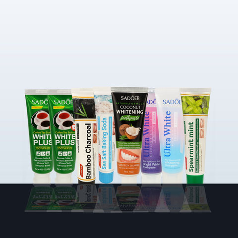 Pack Collection Complète ÉclatDent : huit tubes de dentifrice SADOER alignés sur fond studio