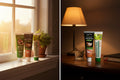 Set Ritual Morgens & Abends — 4 Zahnpasten ÉclatDent: die vier Tuben als Morgen-und-Abend-Diptychon: eine Fensterbank bei Sonnenaufgang und ein Nachttisch im Lampenlicht